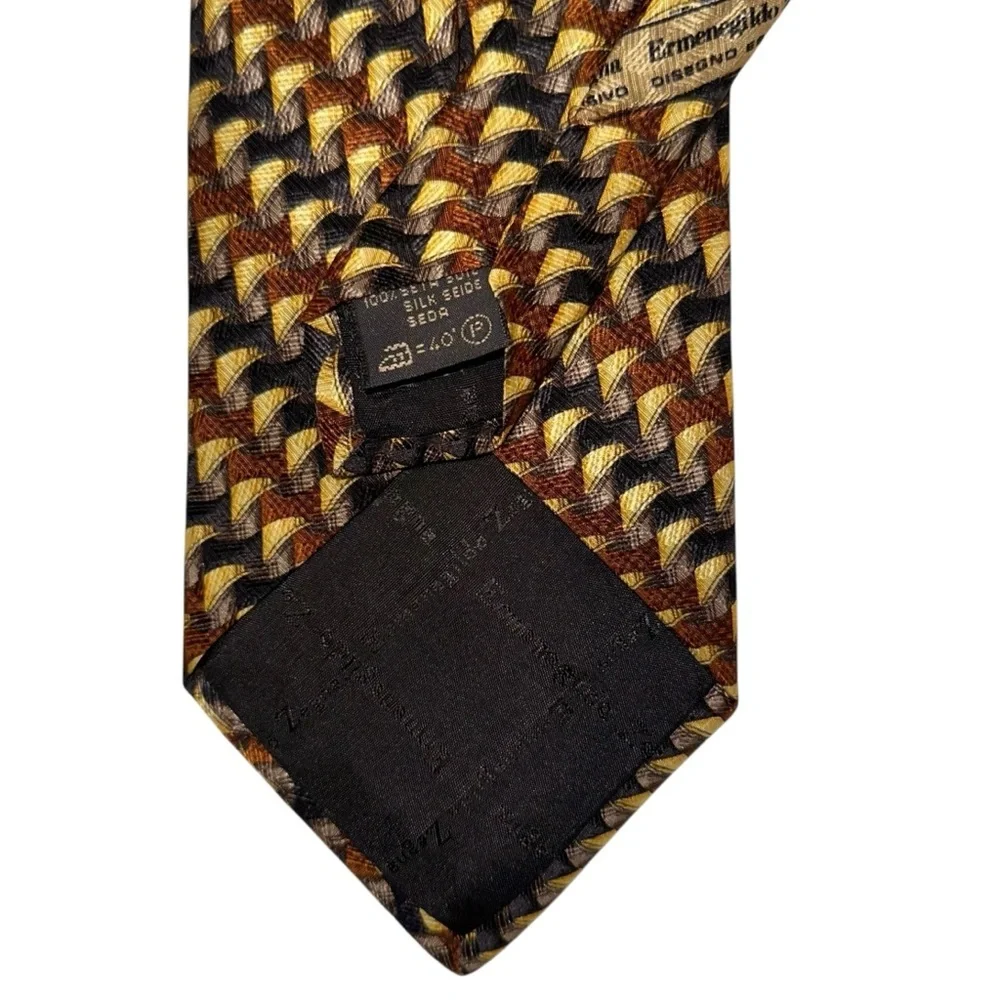Ermenegildo Zegna Mens Tie Silk Gold Bronze Black Geometric 57x3.75” Italy
